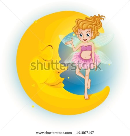 Illustration Of A Fairy Standing On A Sleeping Half Moon On A White