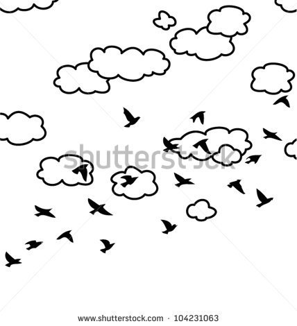 Vector Black And White Drawing Of Flock Of Flying Birds And Clouds In    