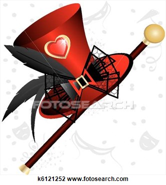 Against Abstract Background Big Red Woman S Hat With Feathers And Cane