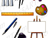 Art Supplies Clipart Set Includes Paint Brushes Paint Tubes Ruler