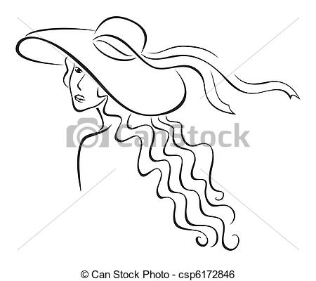 Clip Art Vector Of Woman In Hat   Elegance Woman With Long Hair In Hat