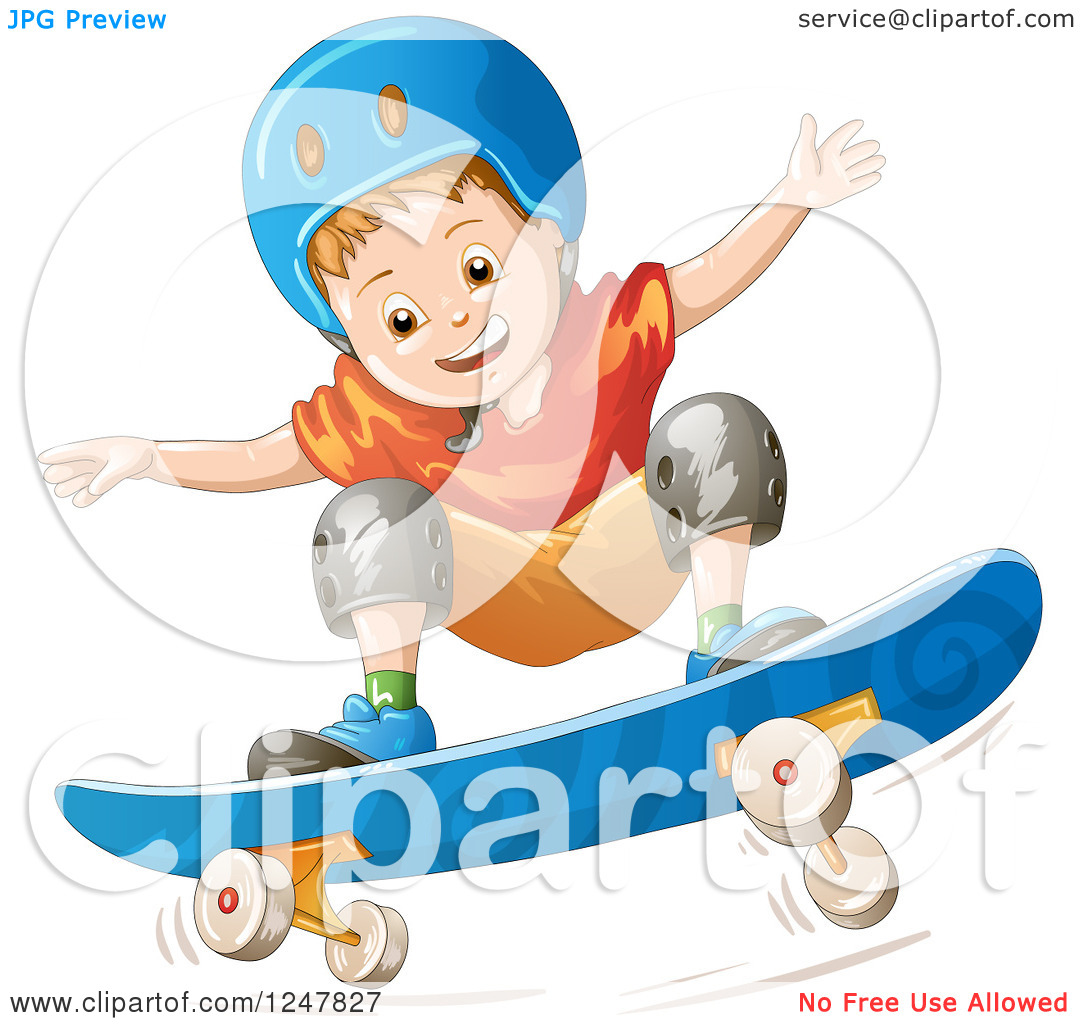 Clipart Of A Boy Skateboarding In A Blue Helmet   Royalty Free Vector