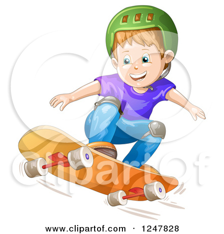 Clipart Of A Boy Skateboarding In A Green Helmet   Royalty Free Vector