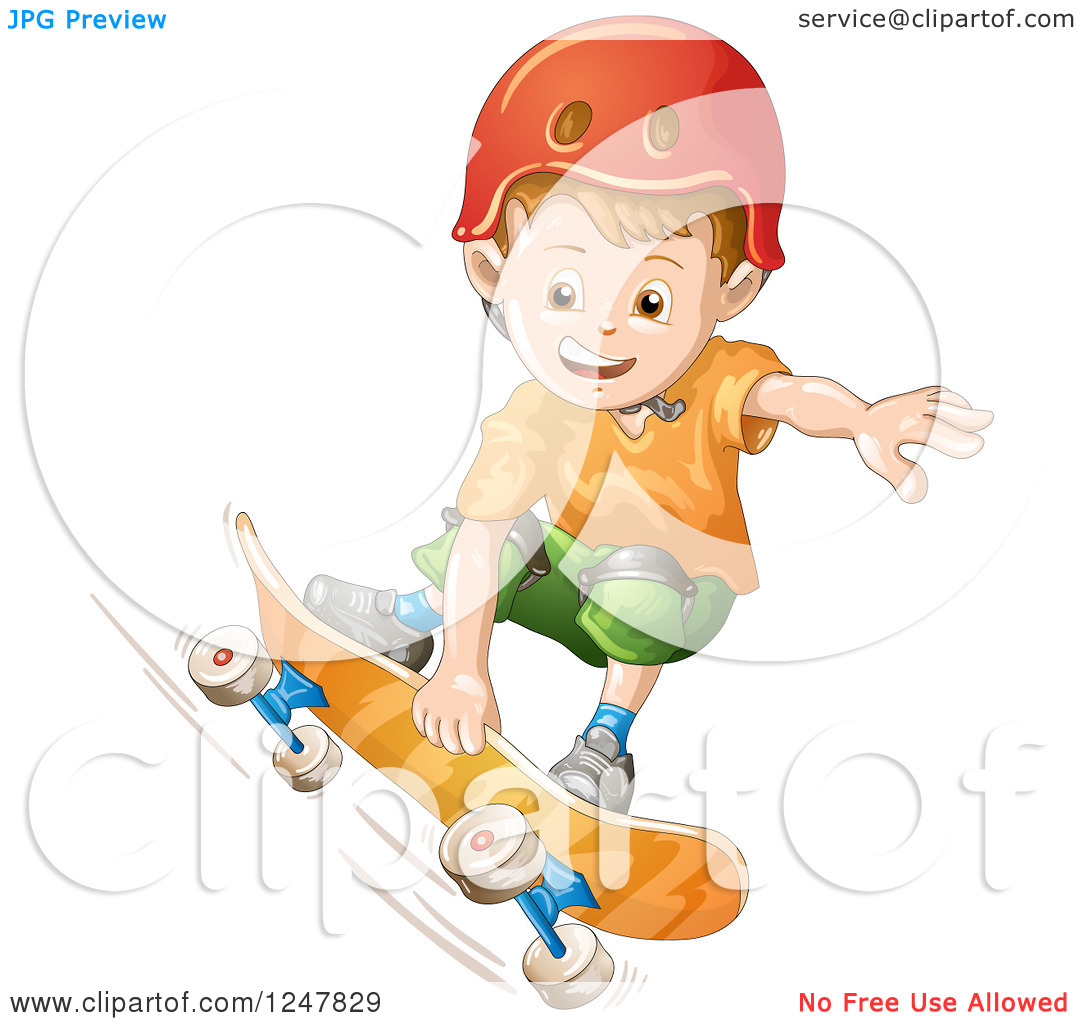 Clipart Of A Boy Skateboarding In A Red Helmet   Royalty Free Vector