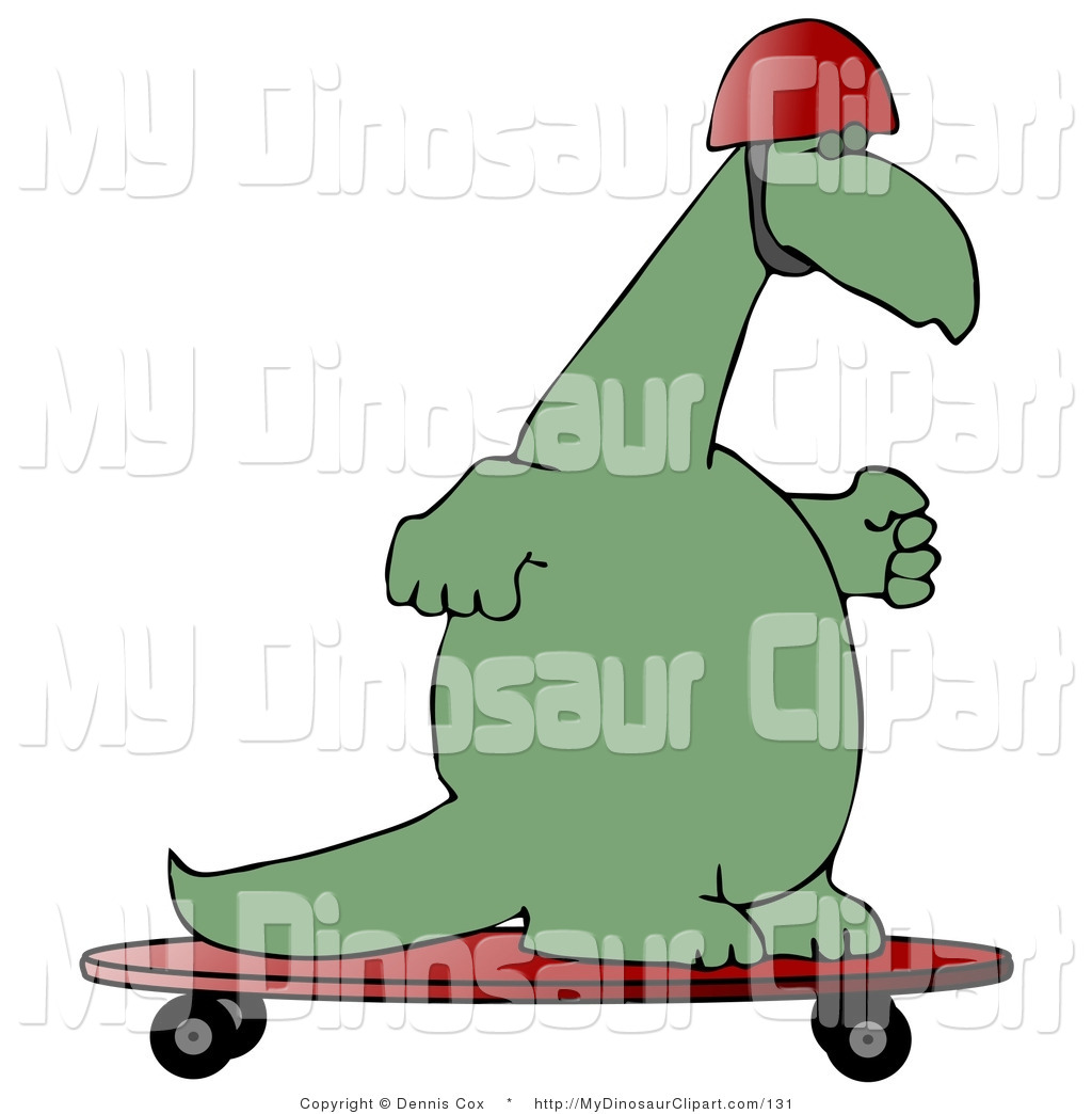 Clipart Of A Green Dinosaur Skateboarding And Wearing A Helmet By