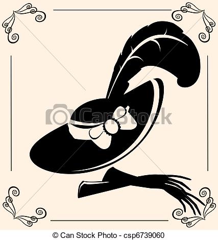 On Vintage Background Is Outlines Woman S Hat With Feathers And Gloves