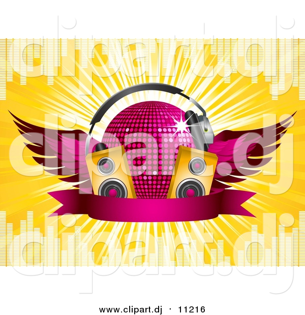 Vector Clipart Of A 3d Pink Winged Disco Ball With Headphones Music