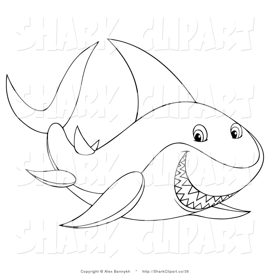     Black And White Grinning Shark Coloring Page Outline By Alex Bannykh