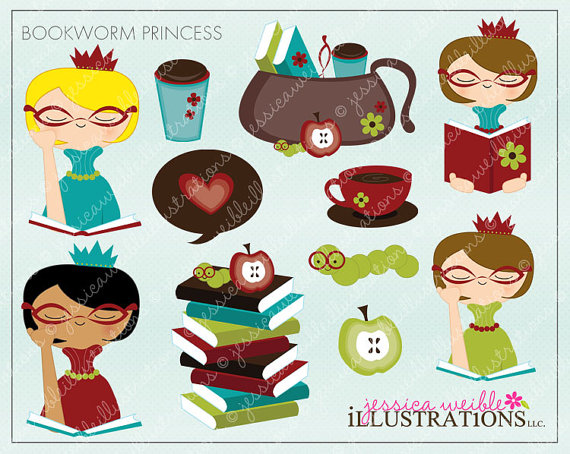 Bookworm Princess Cute Digital Clipart For Card Design Scrapbooking