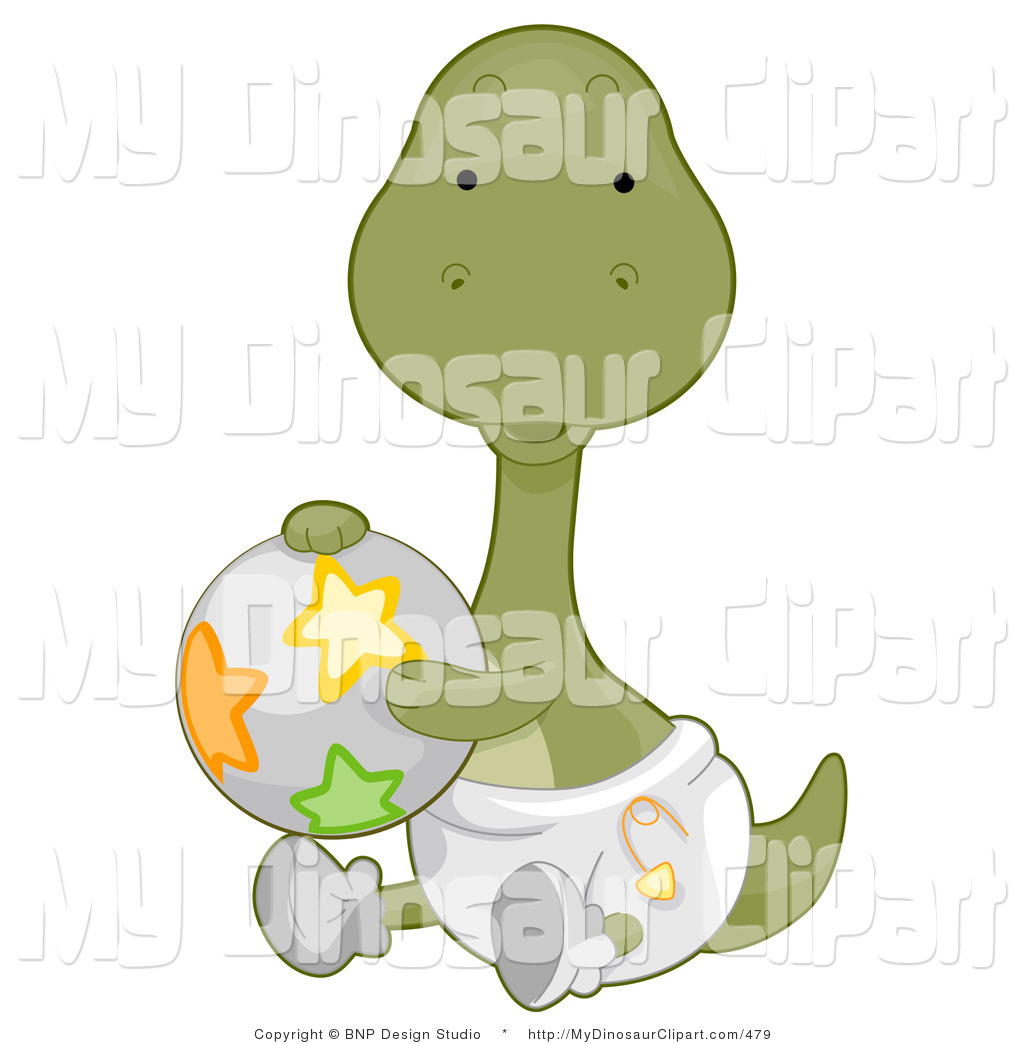 Clipart Of A Baby Brontosaurus Dinosaur In A Diaper And Playing With A    
