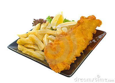 Fish And Chips On Plate Isolated Over White Background