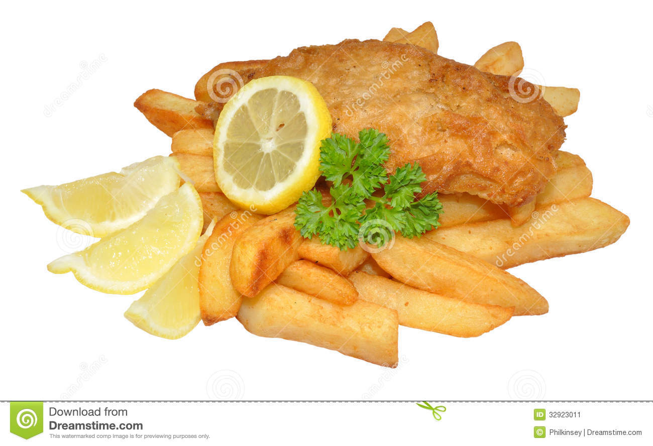 Portion Of Fish And Chips With Lemon And Parsley Isolated On A