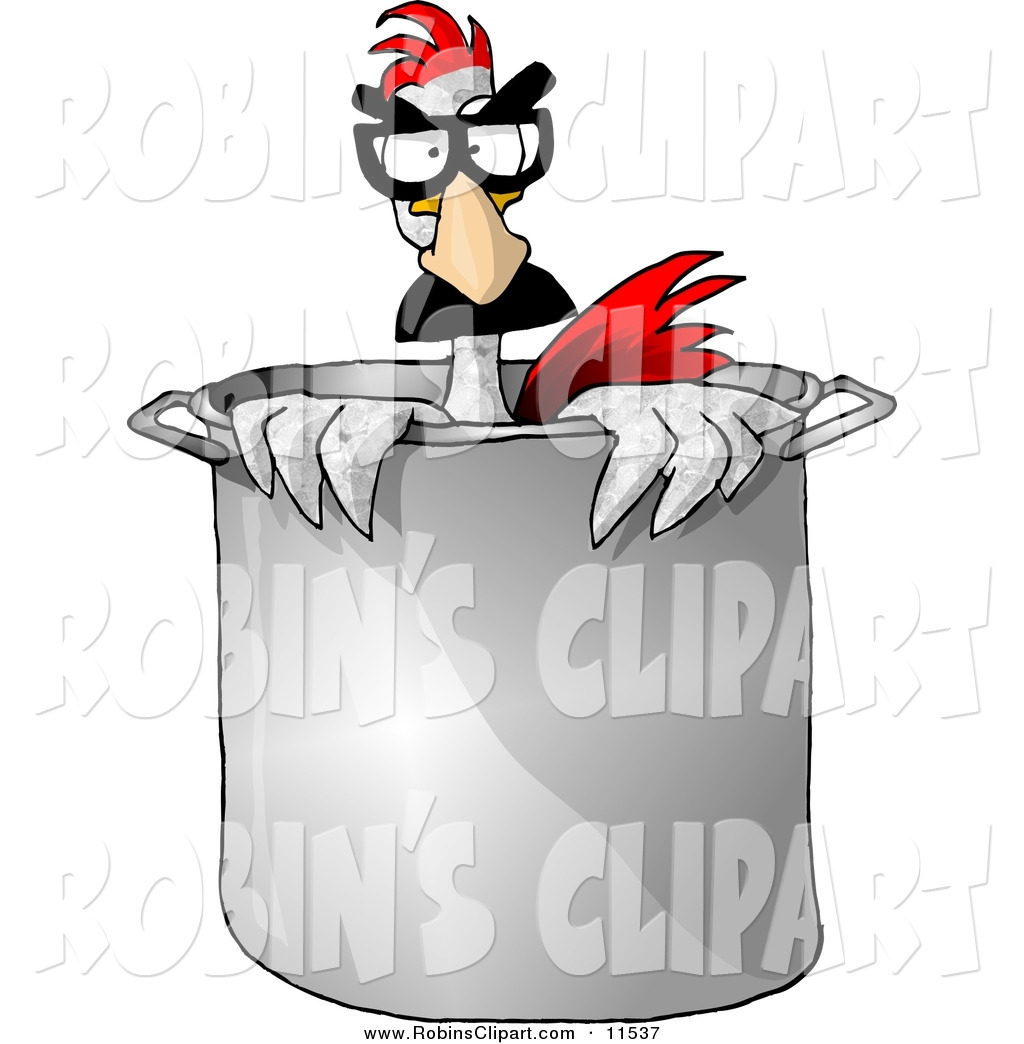 White Silly Anthropomorphic Chicken Standing In A Chef S Cooking Pot