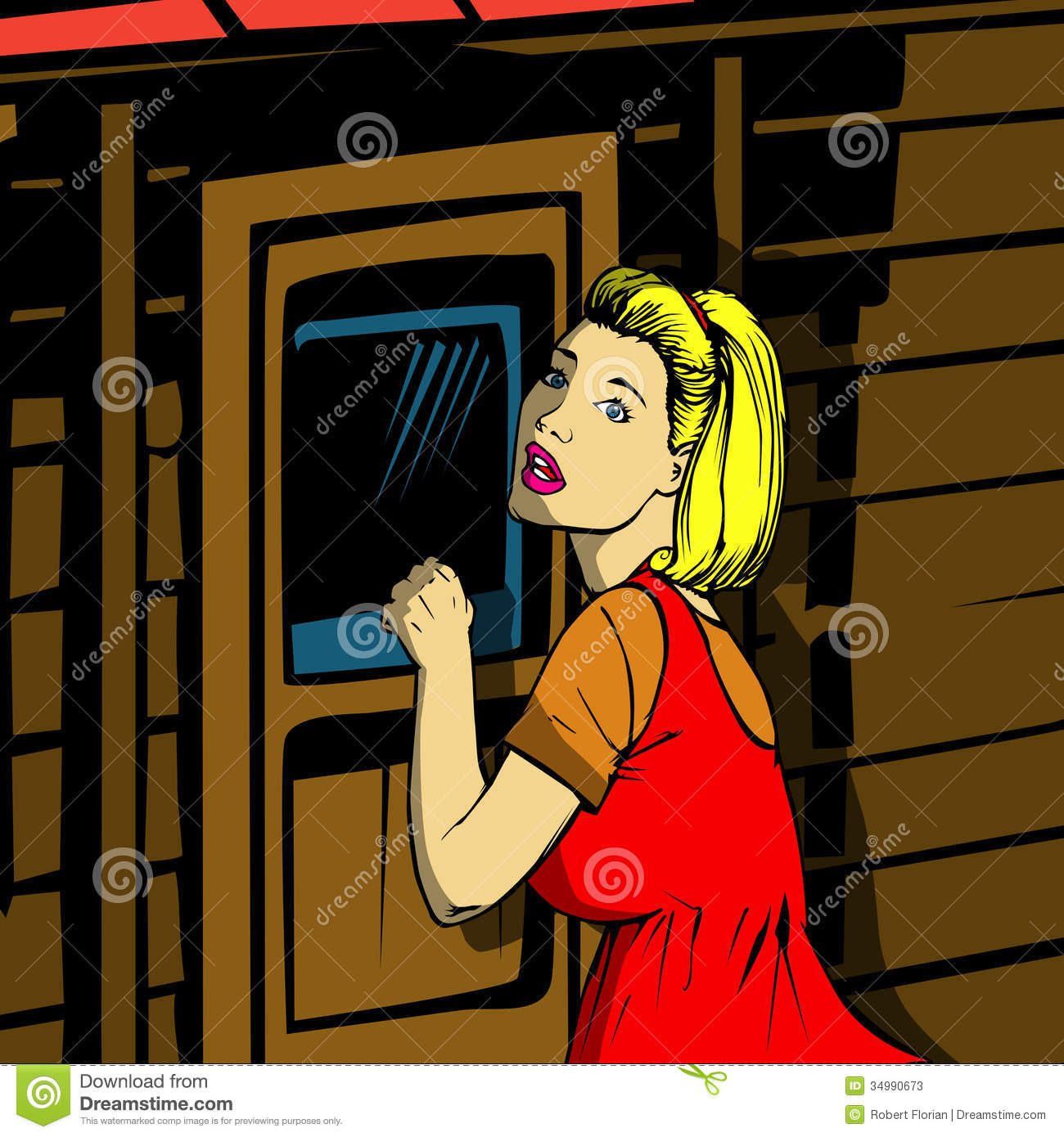 Book Style Illustration Of A Shocked Blonde Woman Knocking On A Door