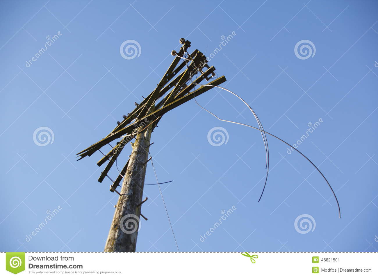 Broken Lines On Telephone Pole Stock Photo   Image  46821501