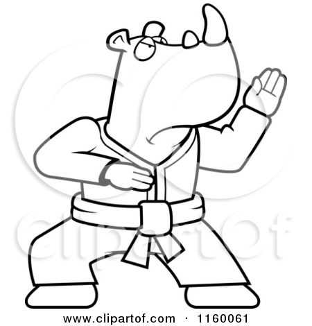 Cartoon Clipart Of A Black And White Karate Rhino   Vector Outlined