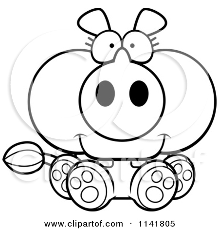 Cartoon Clipart Of A Black And White Sitting Rhino   Vector Outlined