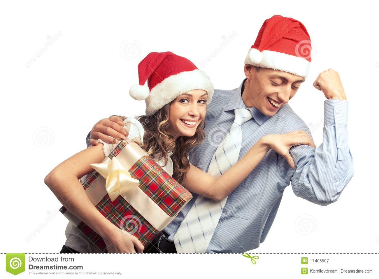 Young Girl With Gift Box Checking Out A Man S Biceps  Isolated Over