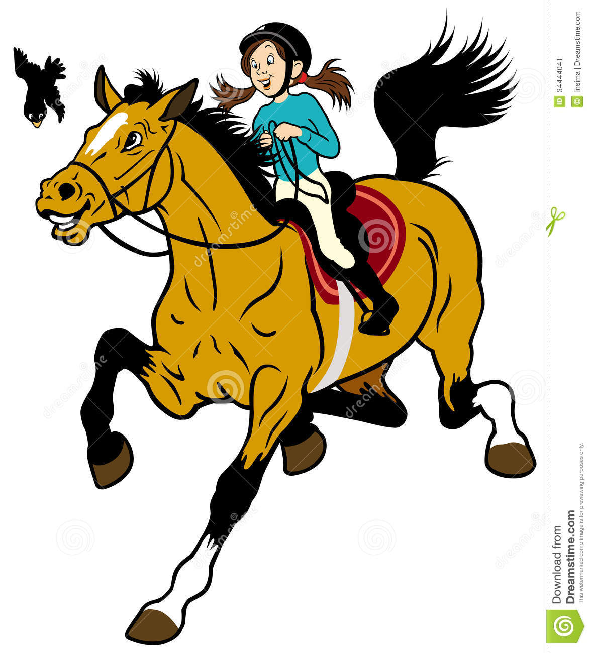 Cartoon Girl Riding Horse Children Illustration Isolated On White