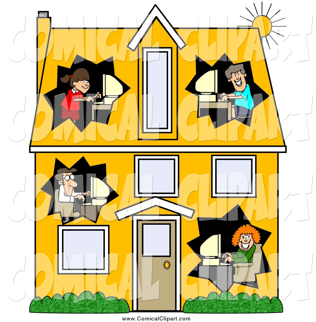 Clip Art Of A Two Story House Showing Family Members Using Computers