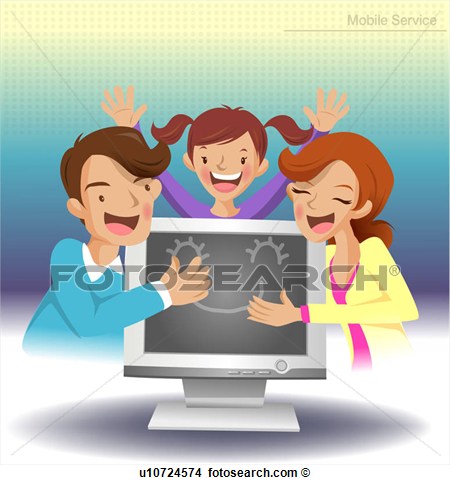 Drawing   Happy Family With Computer  Fotosearch   Search Clip Art    
