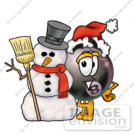 Eight Ball Cartoon Character With A Snowman On Christmas By Toons4biz
