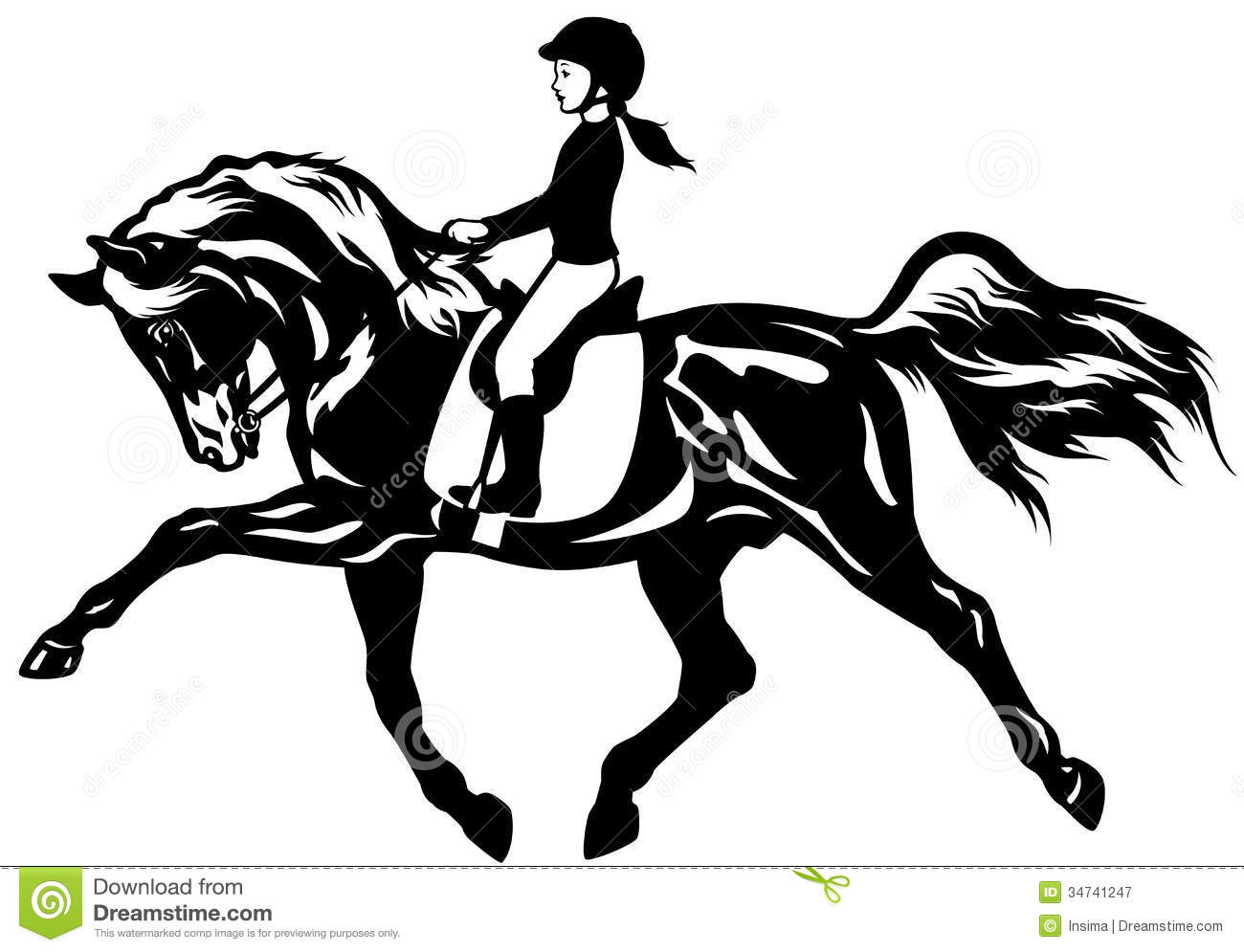 Kid Riding Horseequestrian Sportblack And White Illustration