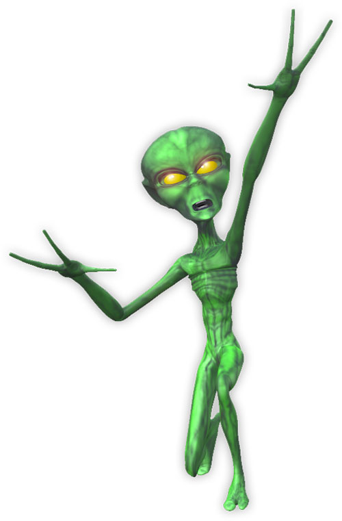 Large Green Alien With Yellow Eyes Animated Purple Alien Waving
