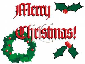 Merry Christmas Banner With Holly And A Wreath   Royalty Free Clipart