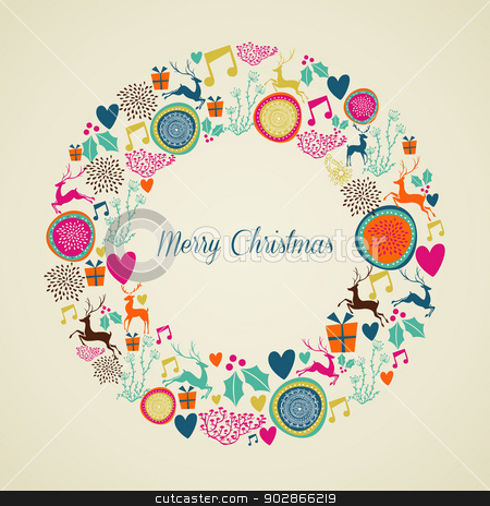 Merry Vintage Christmas Elements Wreath Stock Vector Clipart Merry
