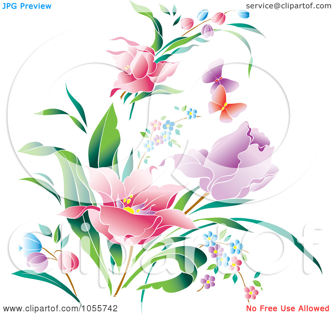 Clip Art Illustration Of Beautiful Spring Flowers And Butterflies By