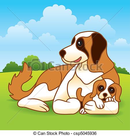 Cute Vector Cartoon Of A Mother Dog With Her Puppy Laying In The Grass
