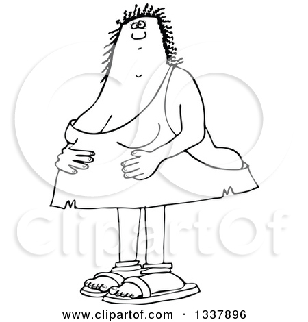 Lineart Clipart Of A Cartoon Black And White Chubby Cave Woman Holding    