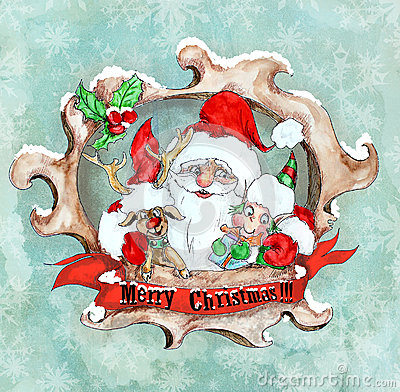 Santa Deer And Elf Christmas Vintage Greeting Card
