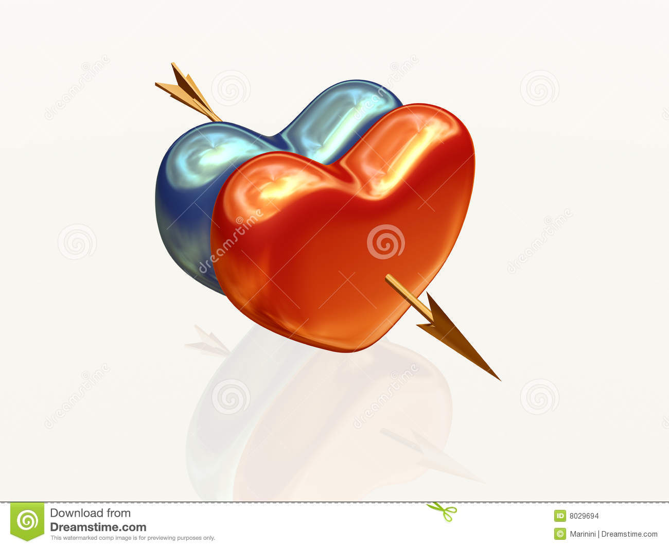 Two 3d Hearts Red And Blue Golden Pierced Together By Arrow