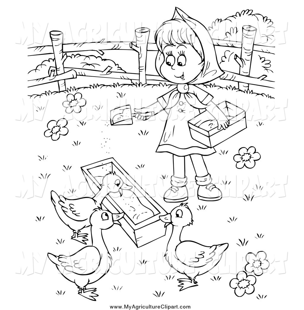 Agriculture Clipart Of A Black And White Farm Girl Feeding Geese By