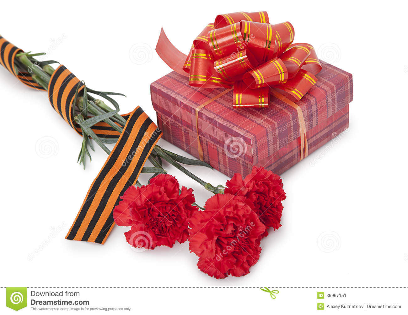 Carnations With George Ribbon And Box Gift On White Background 