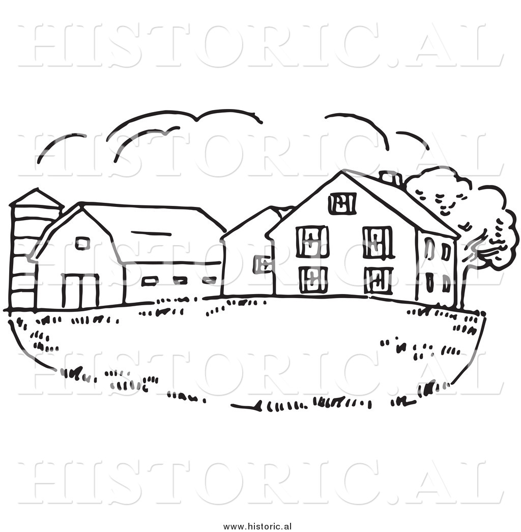 Clipart Of A Farm House With Silo And Barn   Black And White Drawing