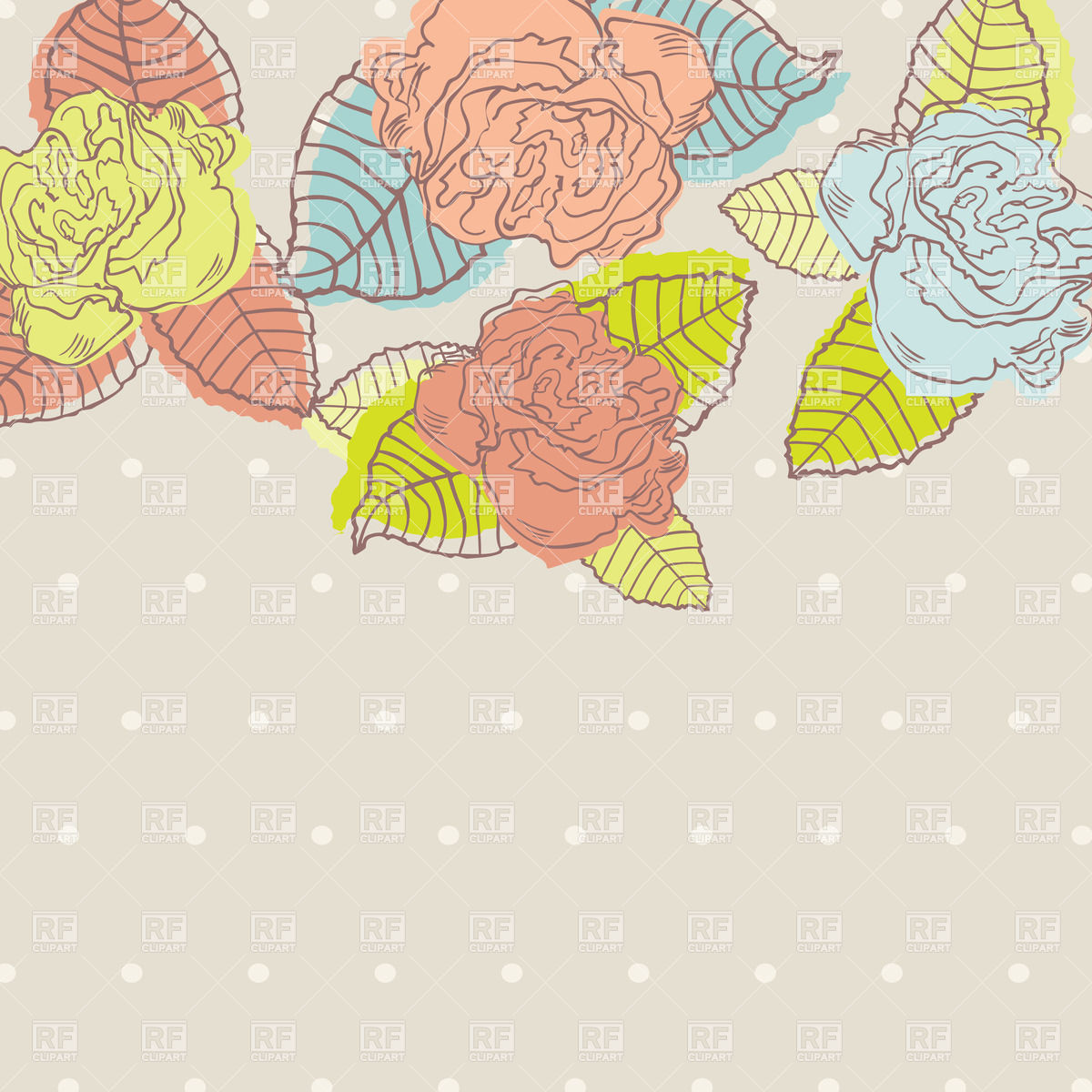     Colored Stylish Buds Of Roses On Pastel Polka Dot Background Vector