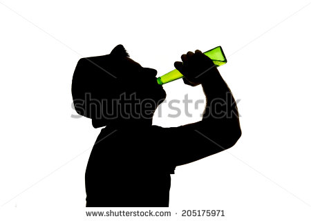 Silhouette Of Alcoholic Drunk Young Man With Hat Drinking Beer Bottle