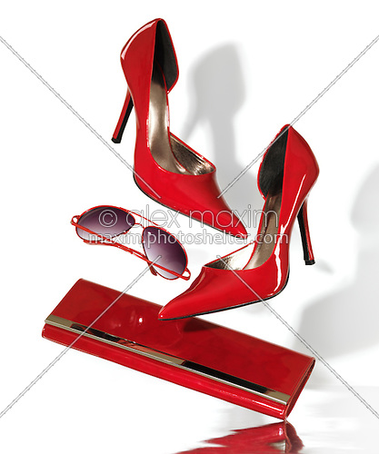 Stylish Red High Heel Stiletto Shoes Sunglasses And A Clutch Hand Bag