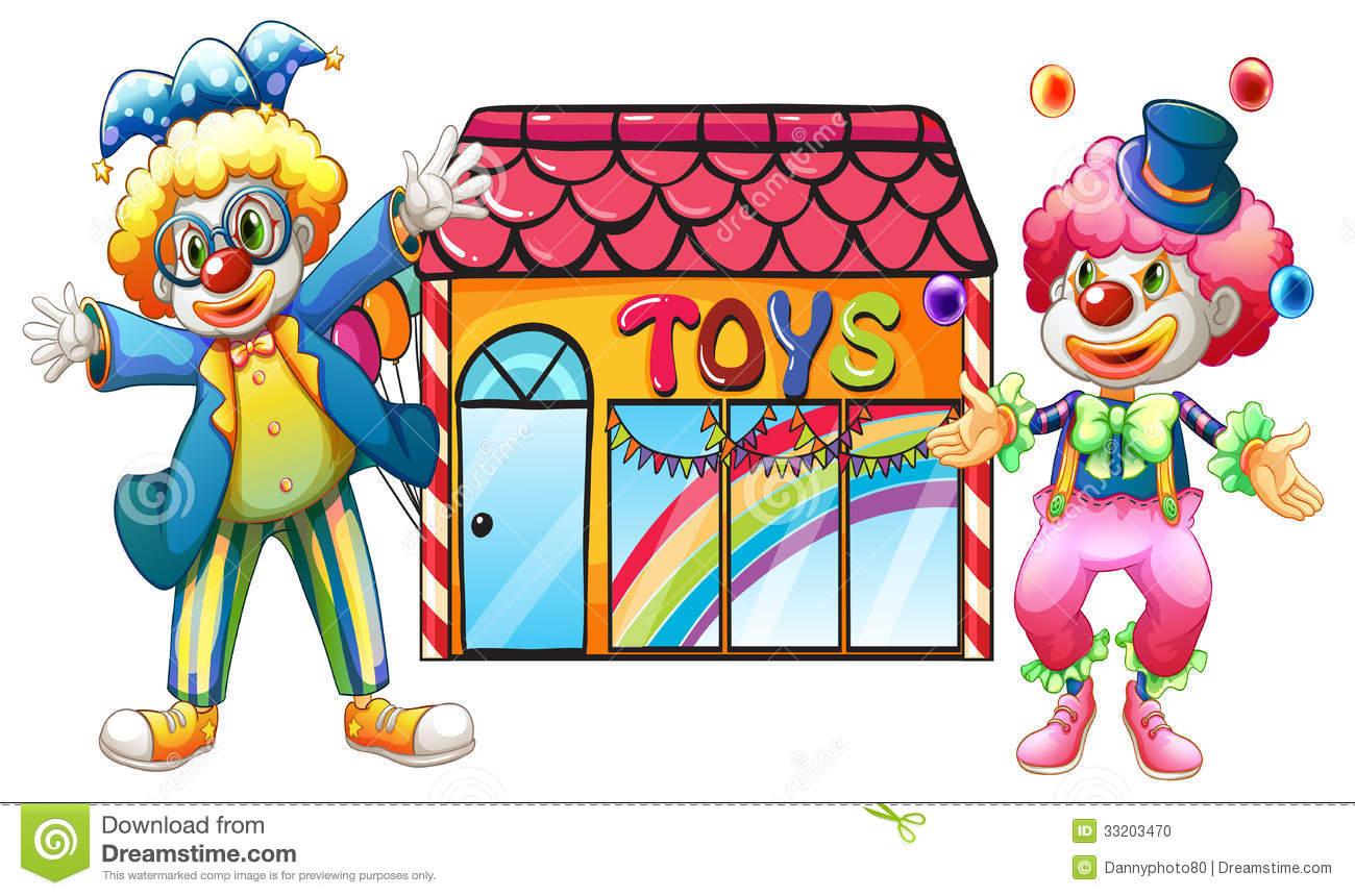 Two Clowns In Front Of A Toy Store Stock Photo   Image  33203470