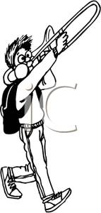 Black And White Boy Playing Trombone   Royalty Free Clipart Picture