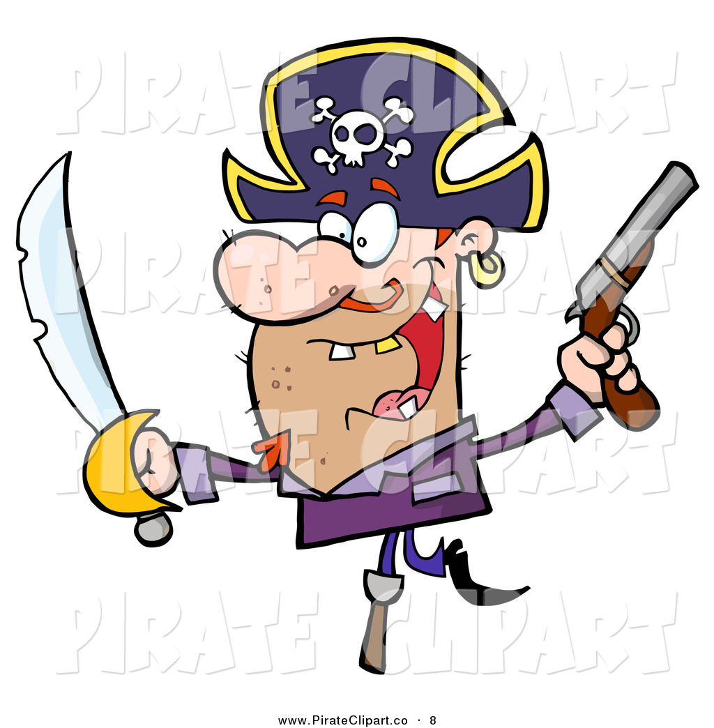 Cheerful Pirate Holding Up A Sword And Pistol And Balancing On His Peg    