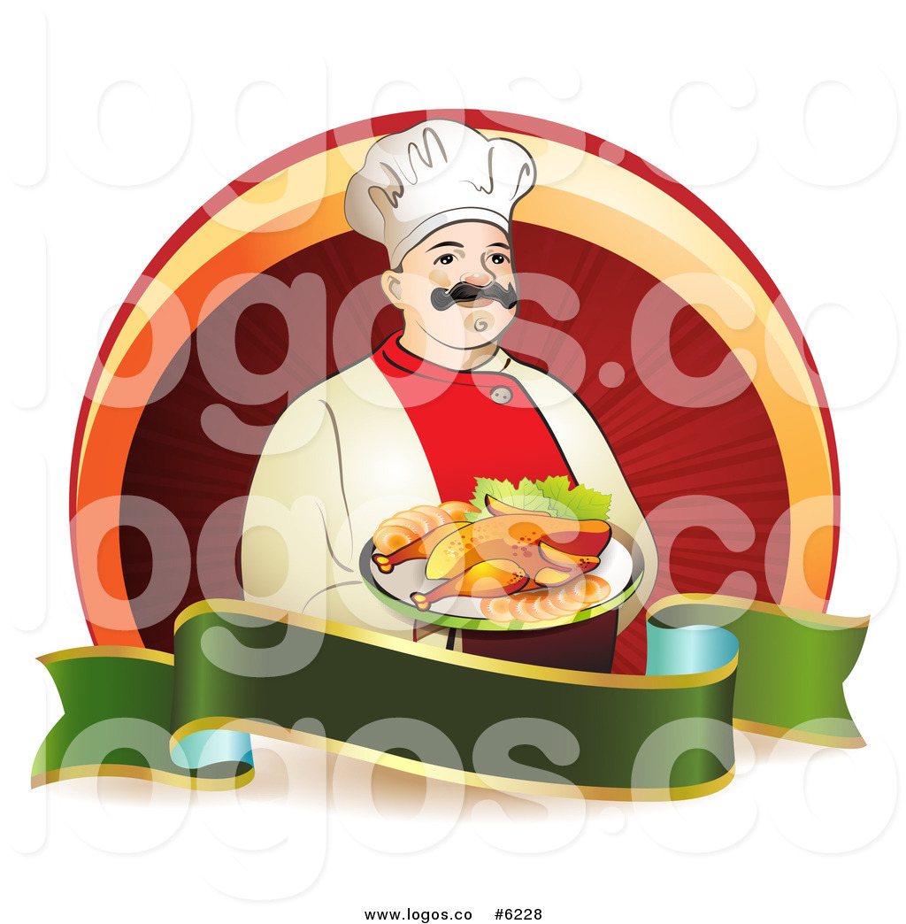 Clip Art Vector Logo Of A Happy Male Chef Serving Chicken By Merlinul