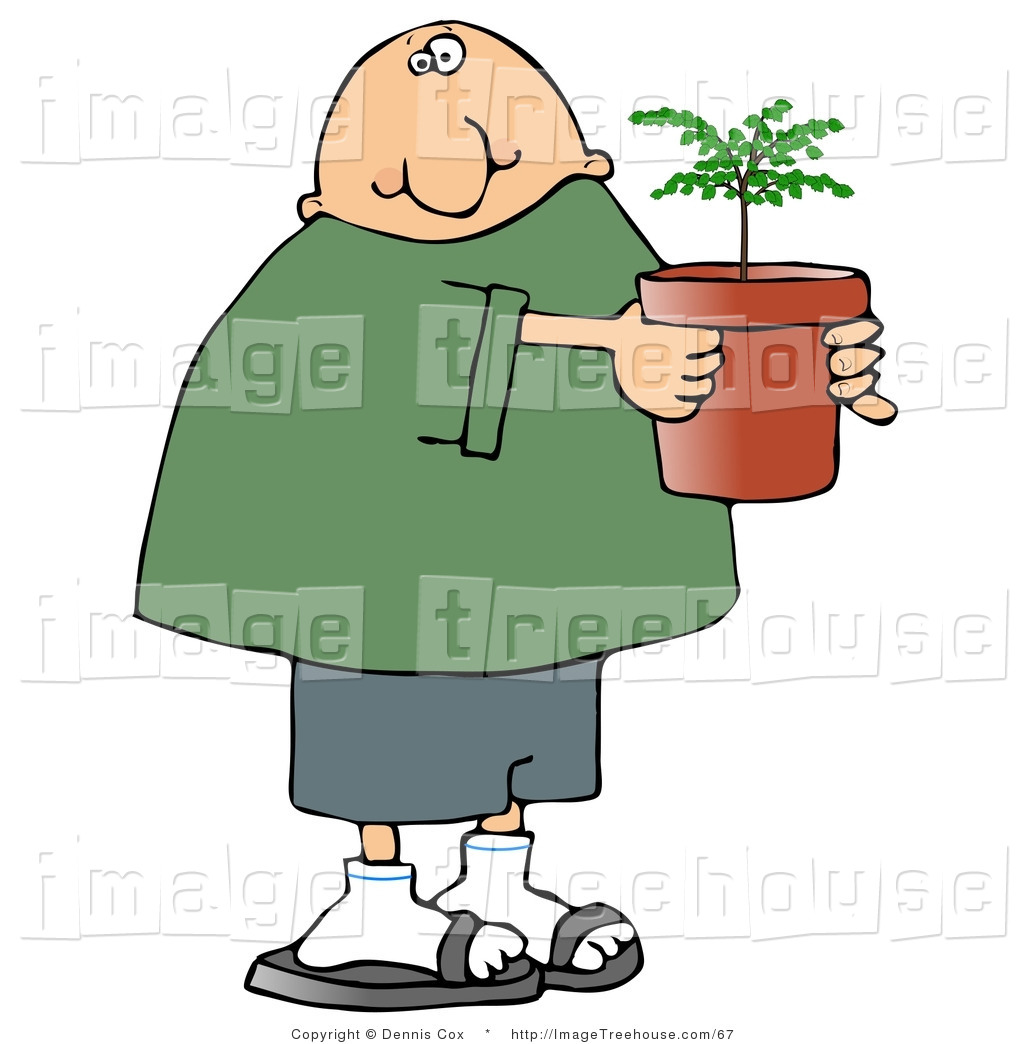 Clipart Of A Man Holding A Small Plant Growing In A Pot