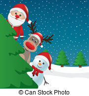 Santa Reindeer And Snowman Behind Tree   Santa Reindeer And   