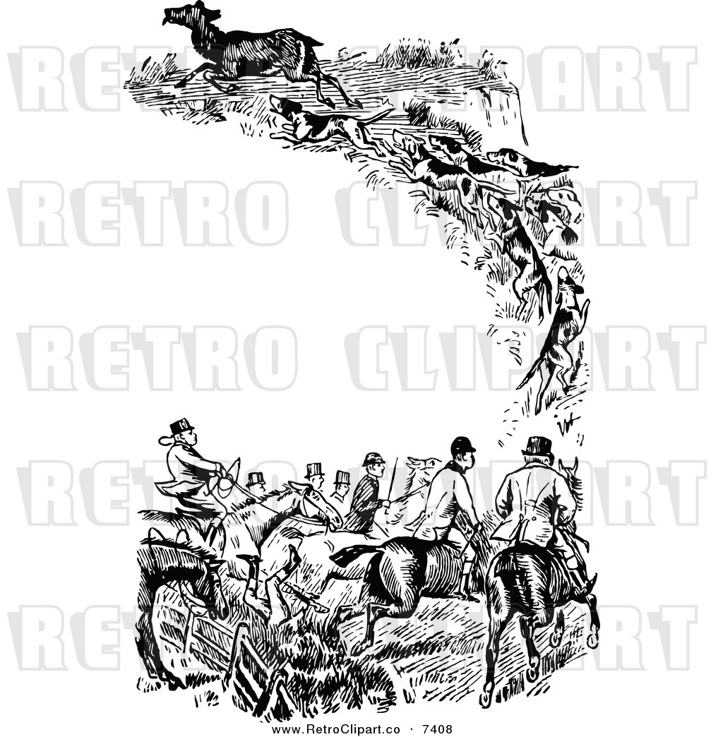 Vector Clipart Of A Retro Black And White Fox Hunting Border