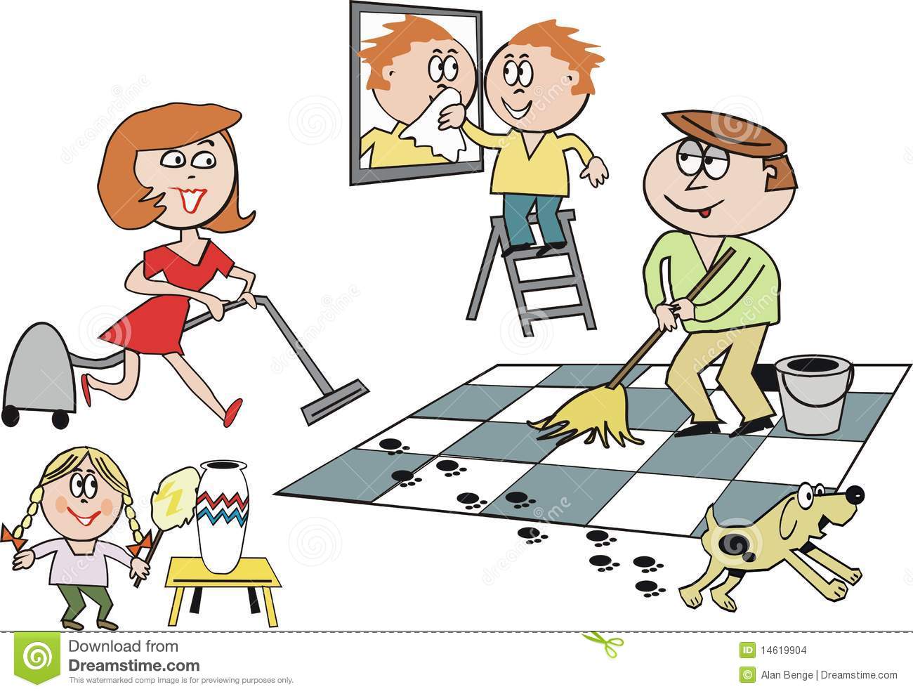 Cartoon Of Happy Family Cleaning House Along With Pet Dog