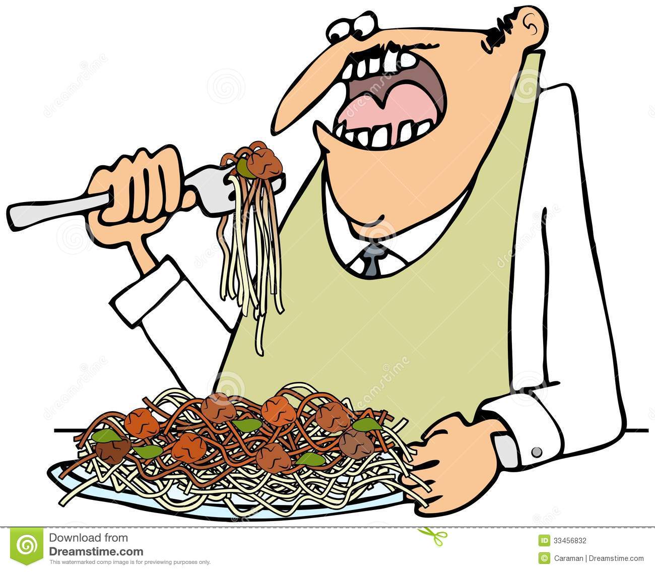 Depicts A Man Wearing A Bib And Eating Spaghetti With Meatballs